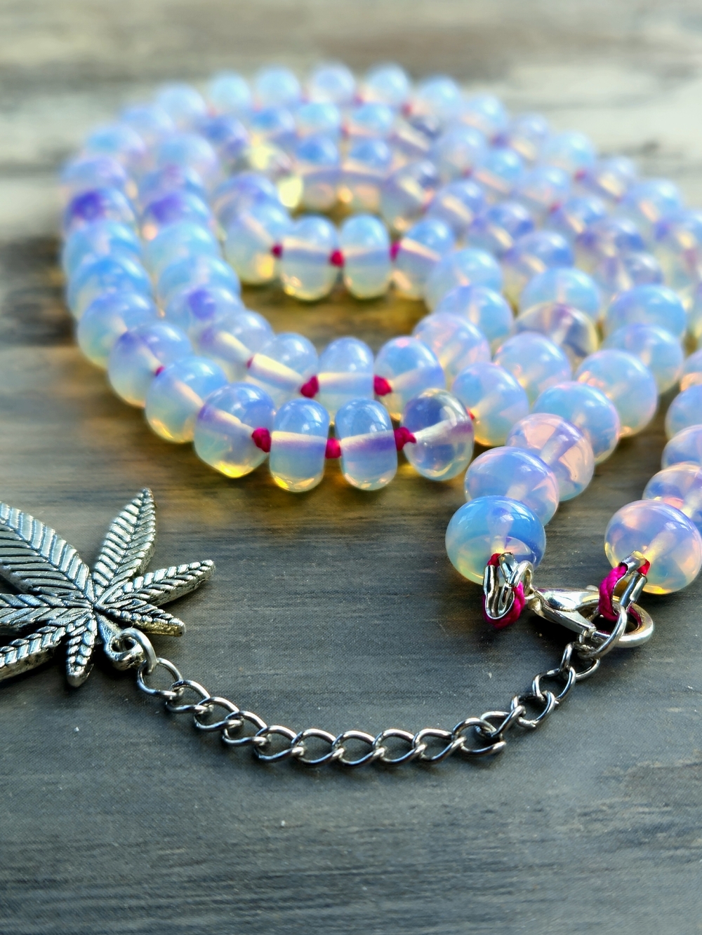 Ethereal Opalite Knotted Necklace with Silver Leaf Charm - Iridescent